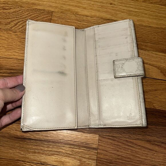 AUTH GUCCI GUCCISSIMA IVORY LEATHER GG-LOGO LONG BI-FOLD WALLET/CLUTCH- ITALY-EX - Picture 7 of 9